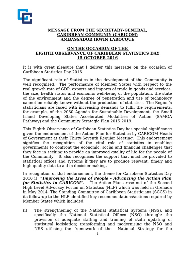 CARICOM's 2016 Caribbean Statistics Day Message | PDF | Statistics ...