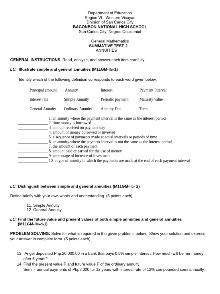 Grade 11 - 2nd Q - 2nd Summative Test | PDF | Interest | Present Value