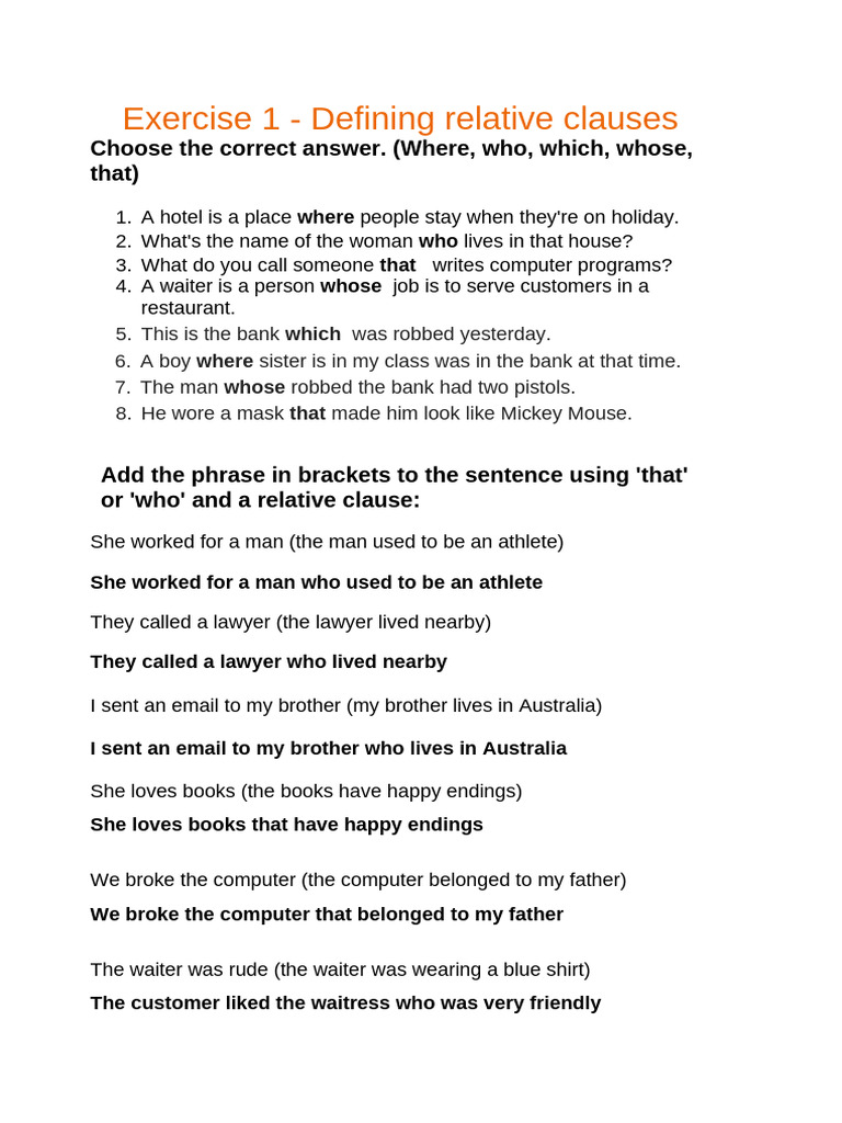 Relative Clauses Exercise Guide | PDF