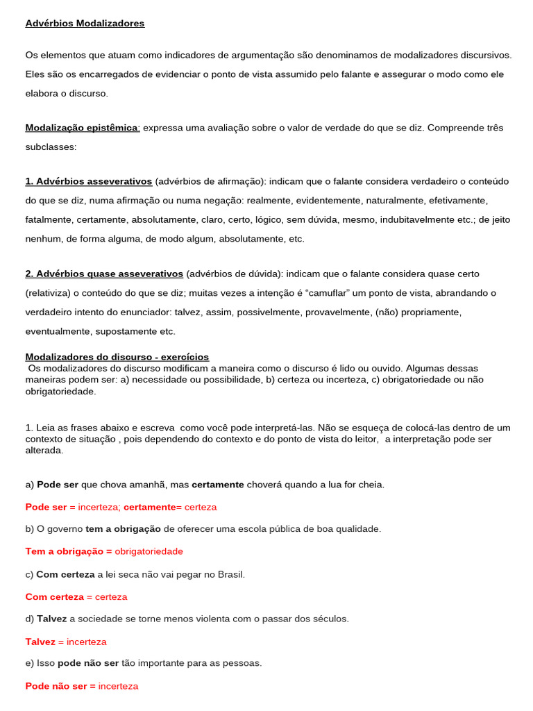 Modalizadores Discursivos e Exercícios | PDF | Brasil