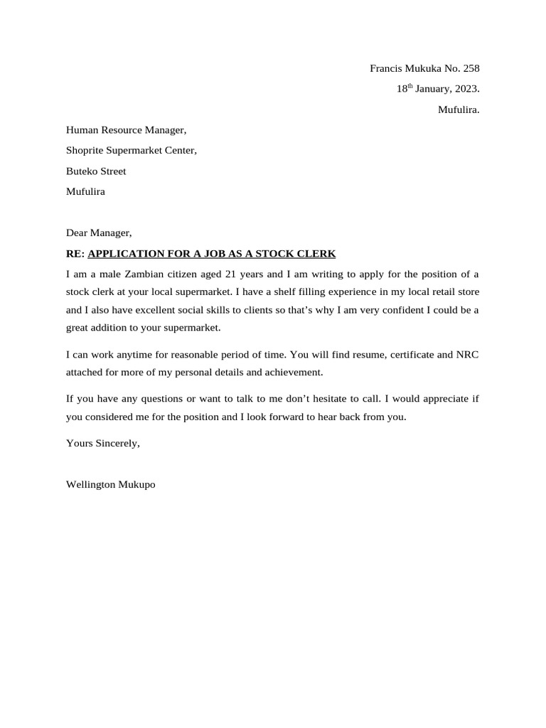 Job Application for Stock Clerk at Shoprite | PDF