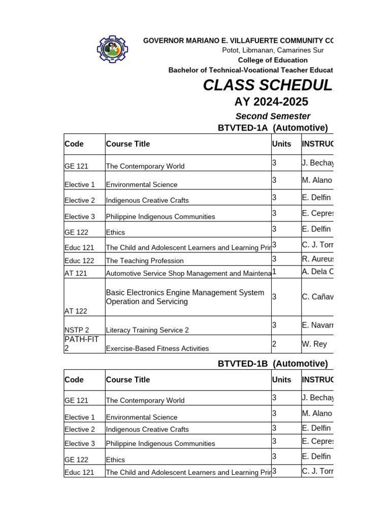BTVTEd Class Schedule AY 2024-2025 | PDF | Learning