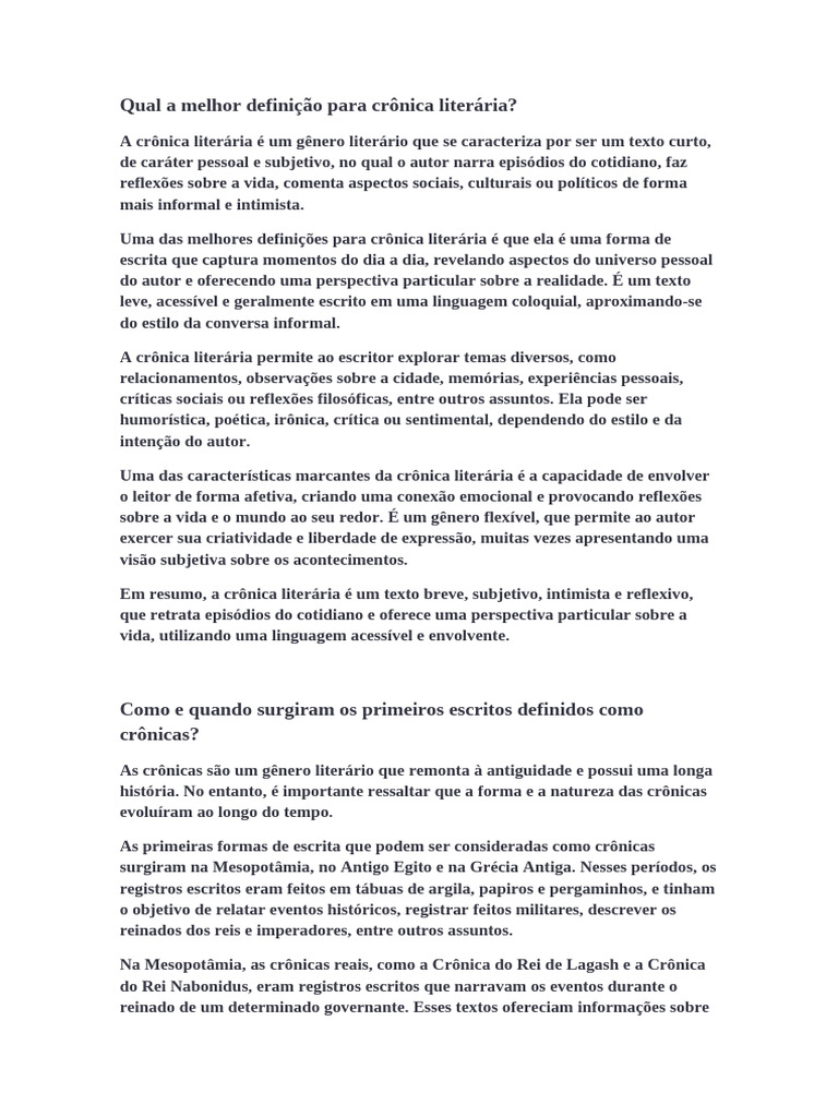 Definição e História da Crônica Literária | PDF
