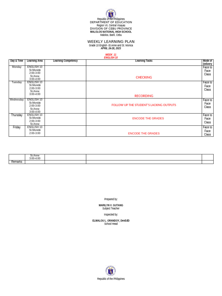 Weekly-Learning-Plan - W12 | PDF