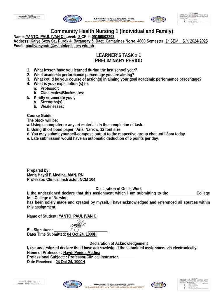 Community Health Nursing Assignment Overview | PDF | Cognitive Science ...