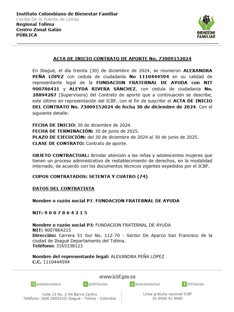 Acta de Inicio Contrato ICBF 2024-2025 | PDF | Colombia