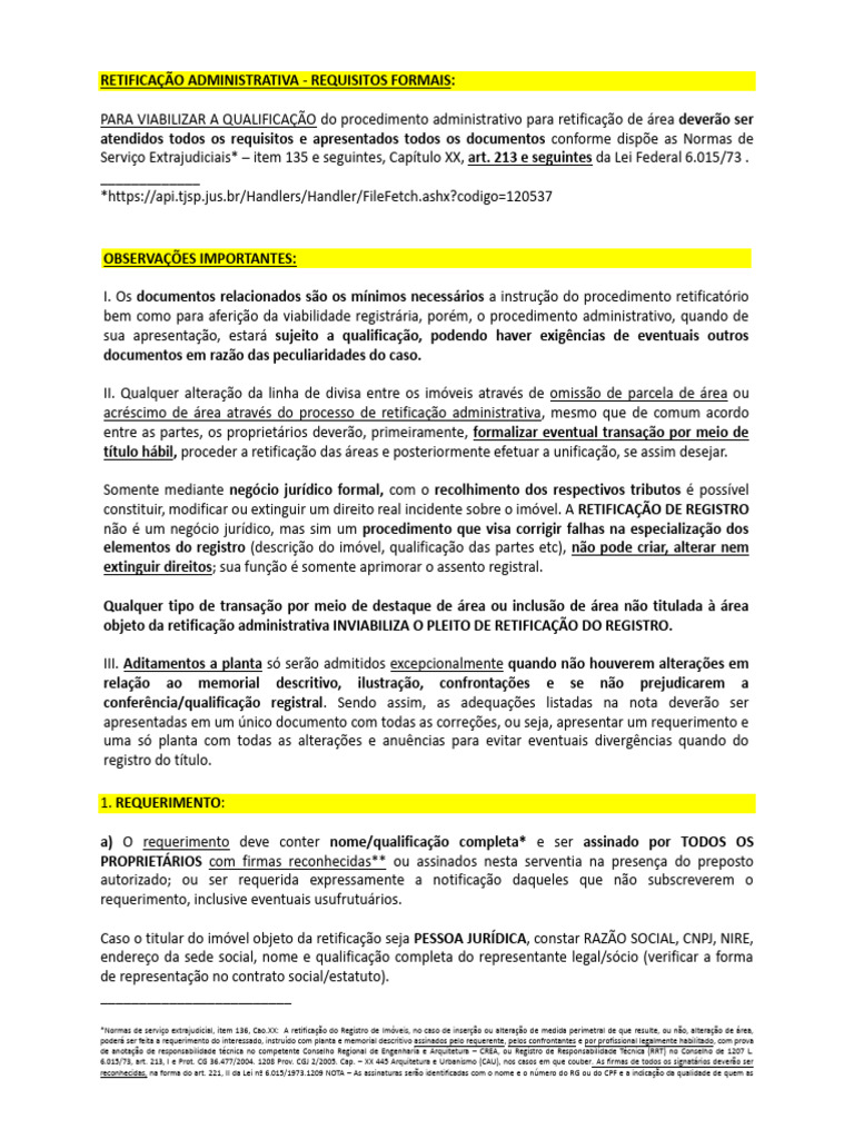 RETIFICAÇÃO ADMINISTRATIVA - REQUISITOS FORMAIS | PDF | Servidão ...