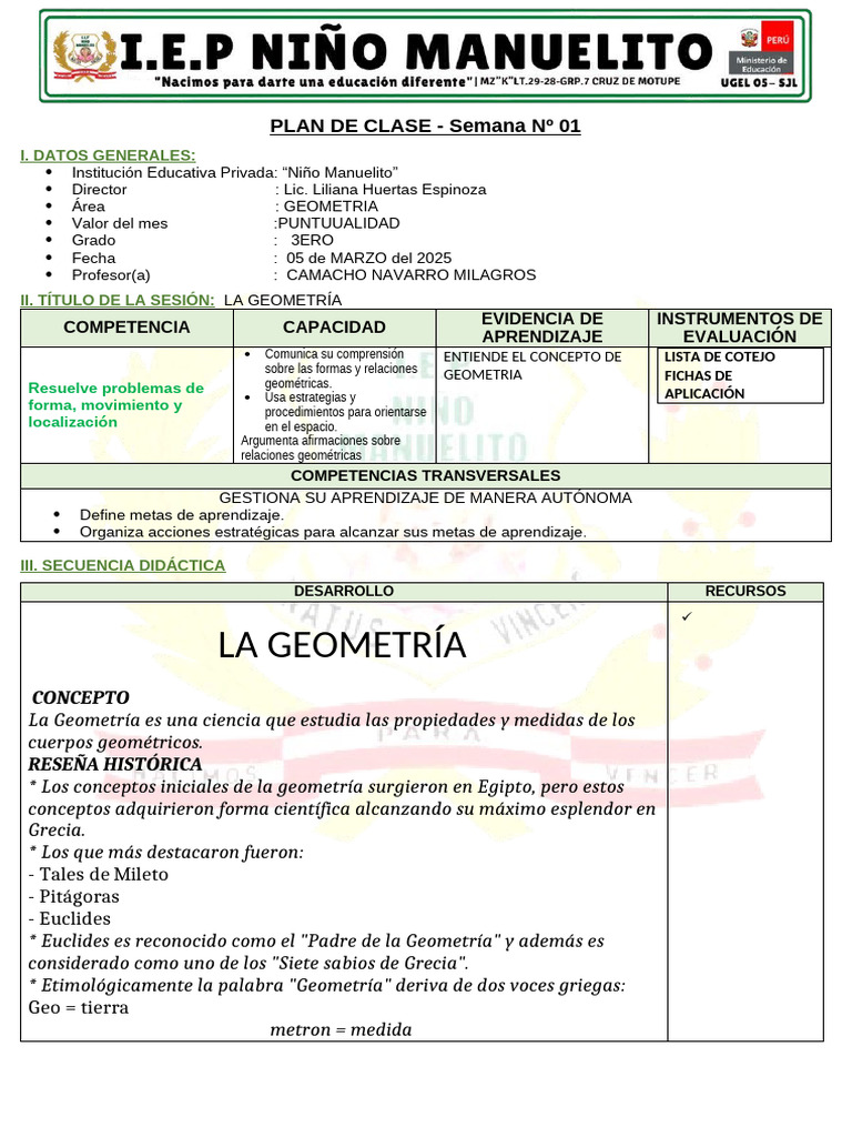 Plan de Clases para 3er Grado 2025 | PDF | Geometría | Aprendizaje