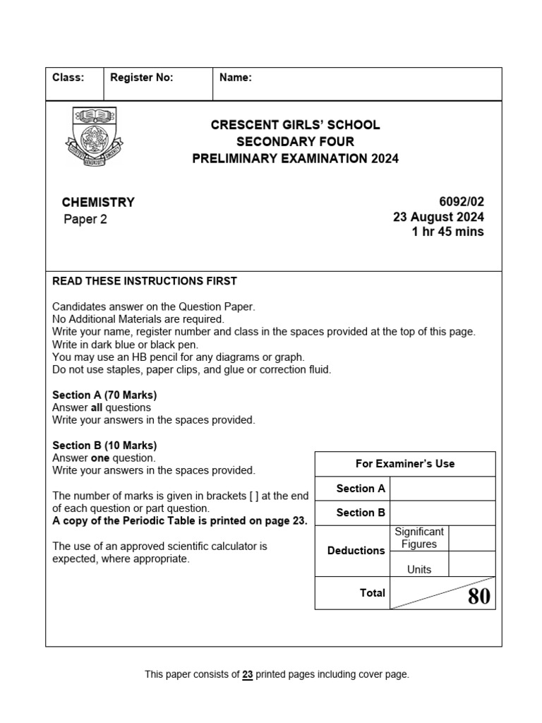 2024 Chemistry Preliminary Exam Paper | PDF | Oxide | Chemical Reactions