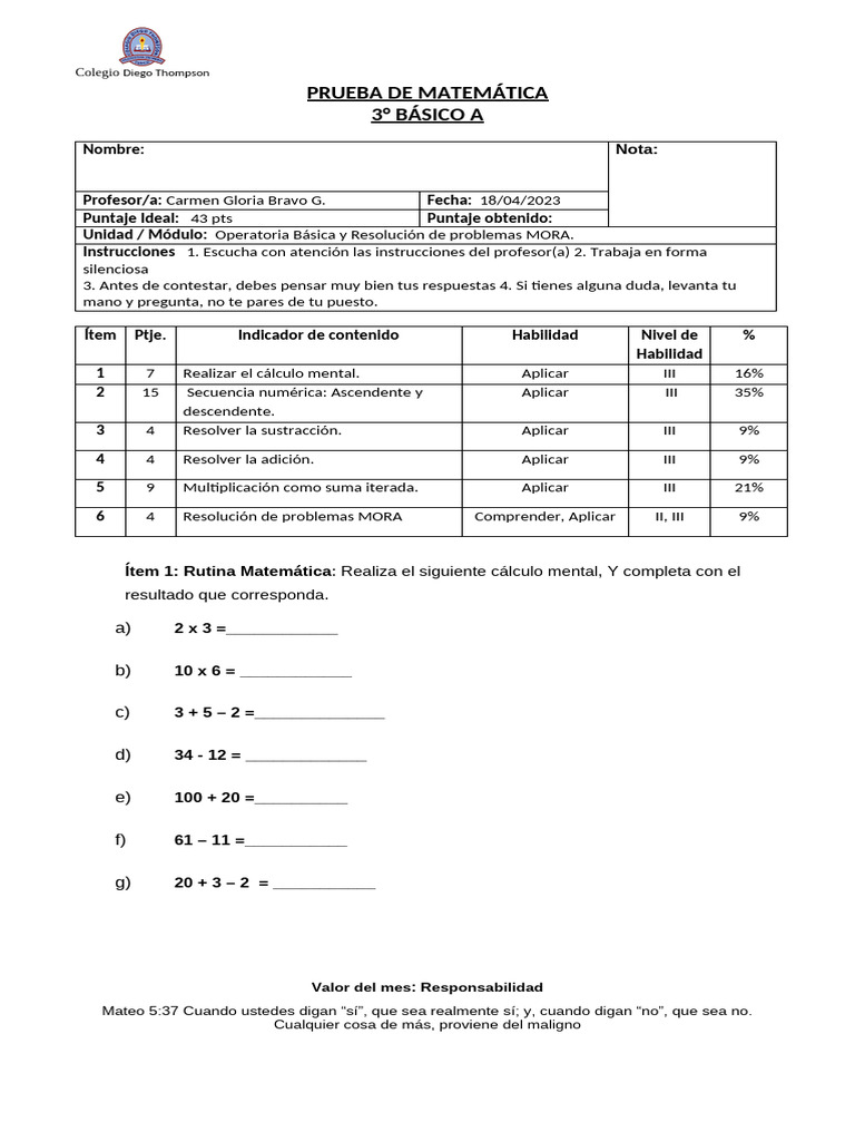 Prueba de Matemáticas 3° Básico A | PDF | Matemáticas | Aritmética