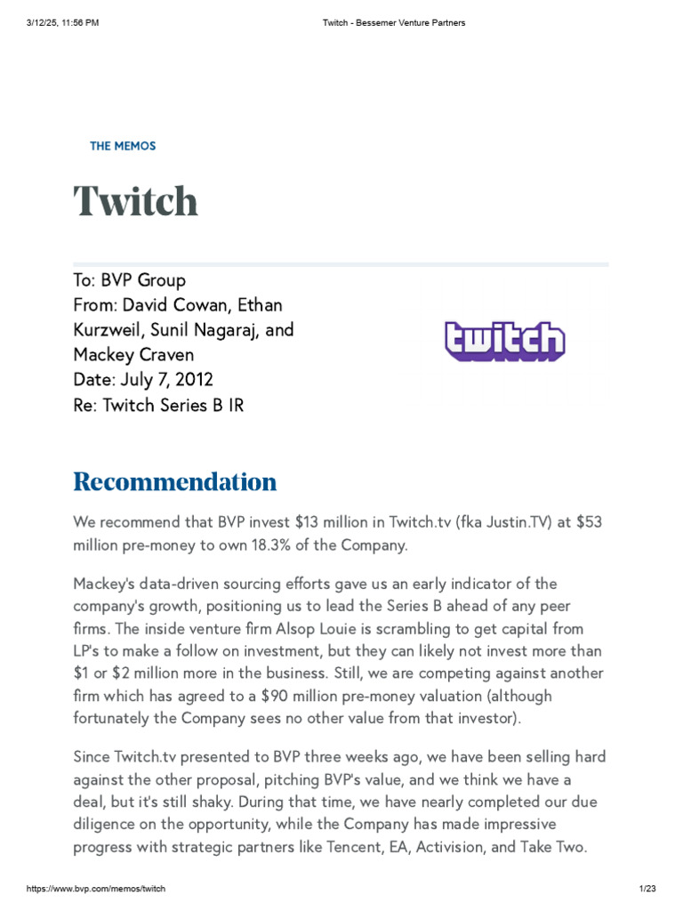 Twitch, Bessemer Venture Partners Investment Memo | PDF | You Tube