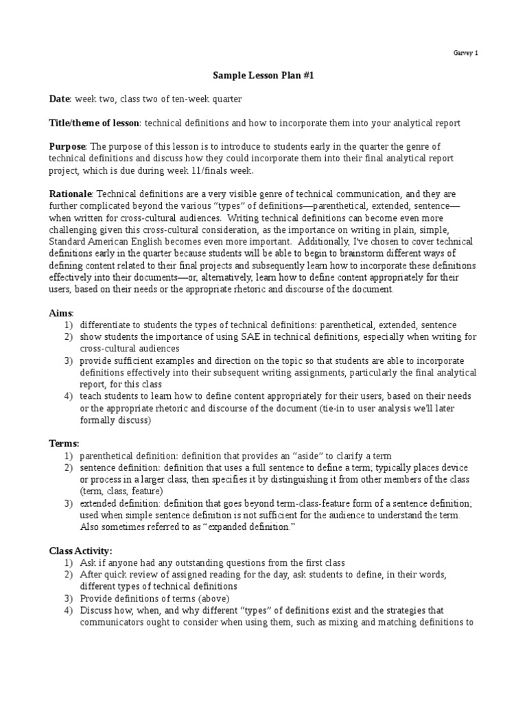 Tech Writing Sample Lesson Plans | PDF | Technical Communication | Rhetoric
