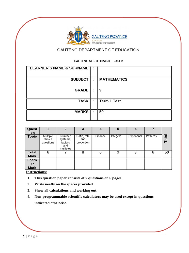 Grade 9 Mathematics Term 1 Test | PDF | Numbers | Ratio