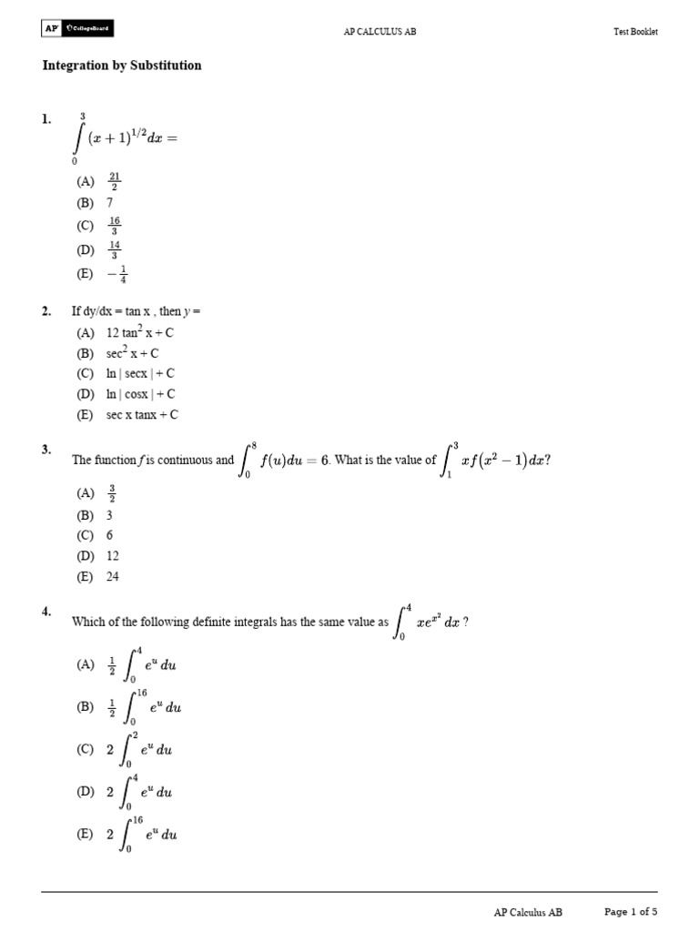 AP Calculus AB Test: Integration Focus | PDF | Function (Mathematics ...
