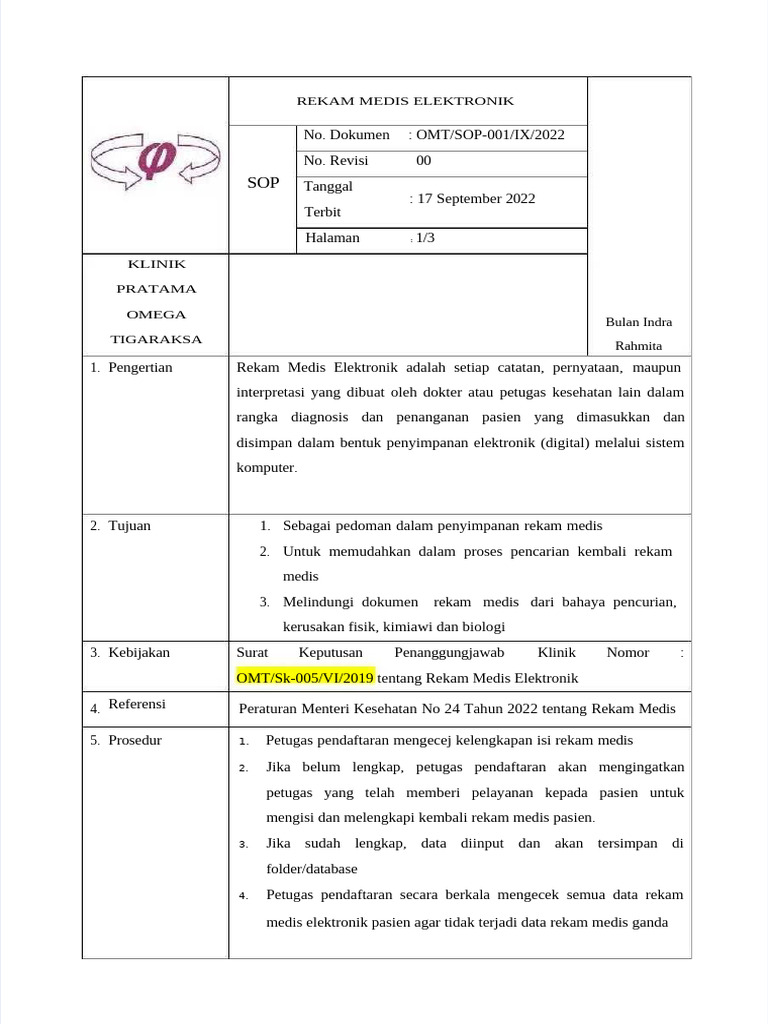 SOP Rekam Medis Elektronik Klinik | PDF