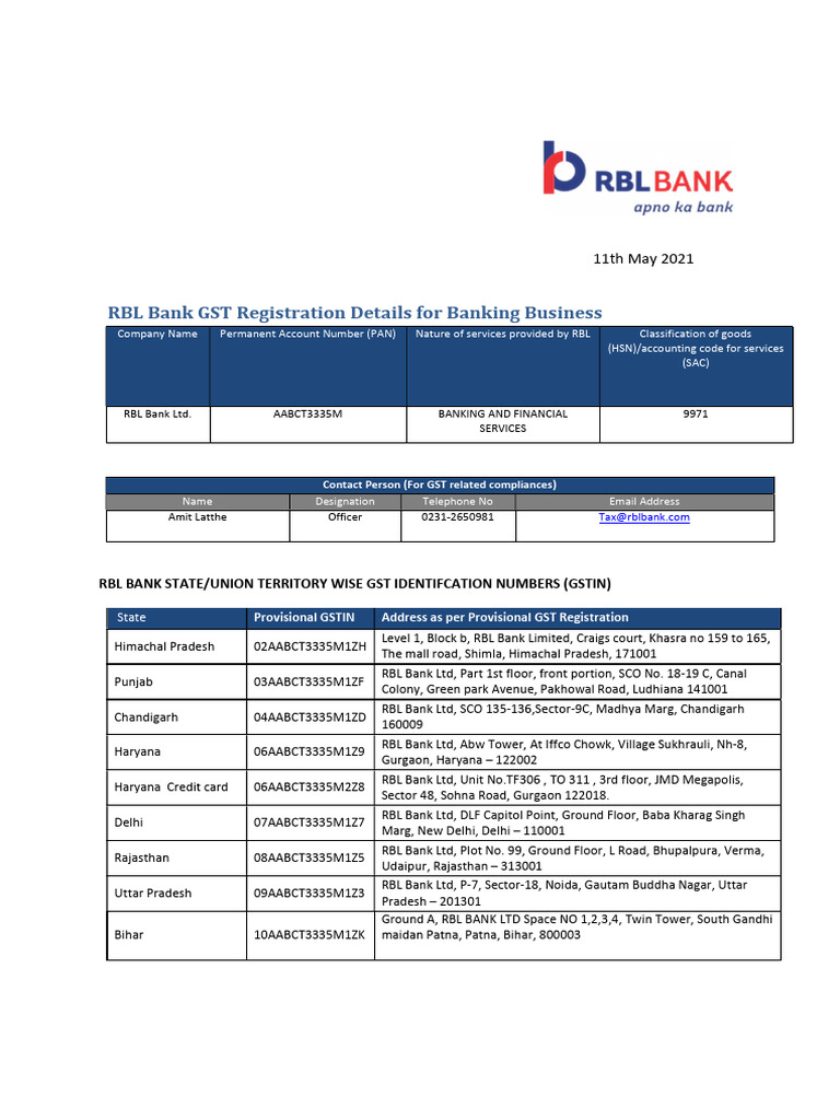 RBL Bank GST and PAN Registration Details | PDF | Economy Of India