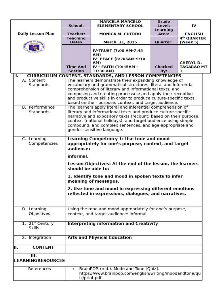Grade IV English Lesson on Tone & Mood | PDF | Reading Comprehension ...