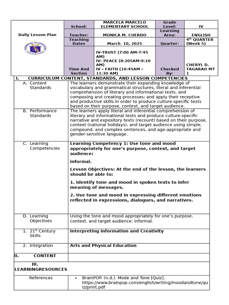 Grade 4 English Lesson Plan: Tone & Mood | PDF | Feeling | Reading ...