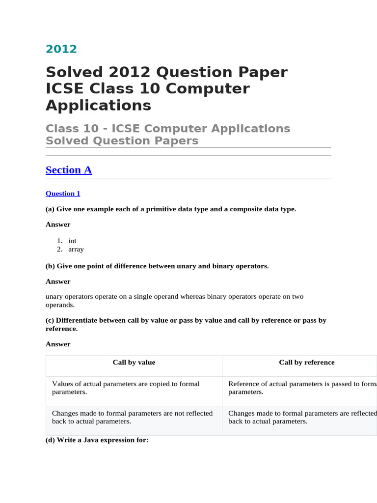 ICSE Class 10 Computer Applications Solved Paper | PDF | Parameter ...