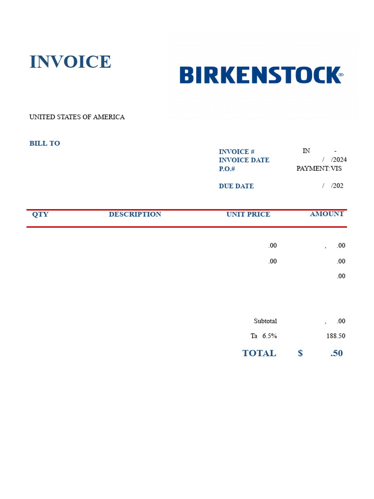 Invoice for Birkenstock Footwear Purchase | PDF