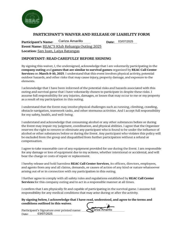 Participant's Waiver and Release of Liability Form | PDF | Safety