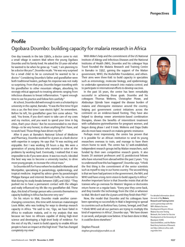 Doumbo's Impact on Malaria Research in Africa | PDF | Medical ...