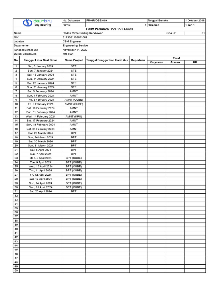 Form Penggantian Hari Libur Karyawan | PDF