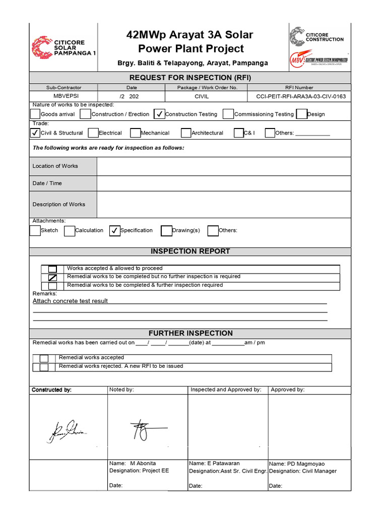 Inspection Plan for Arayat 3A Project | PDF | Specification (Technical ...