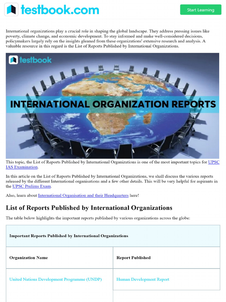 List of Reports Published by International Organizations UPSC Notes | PDF