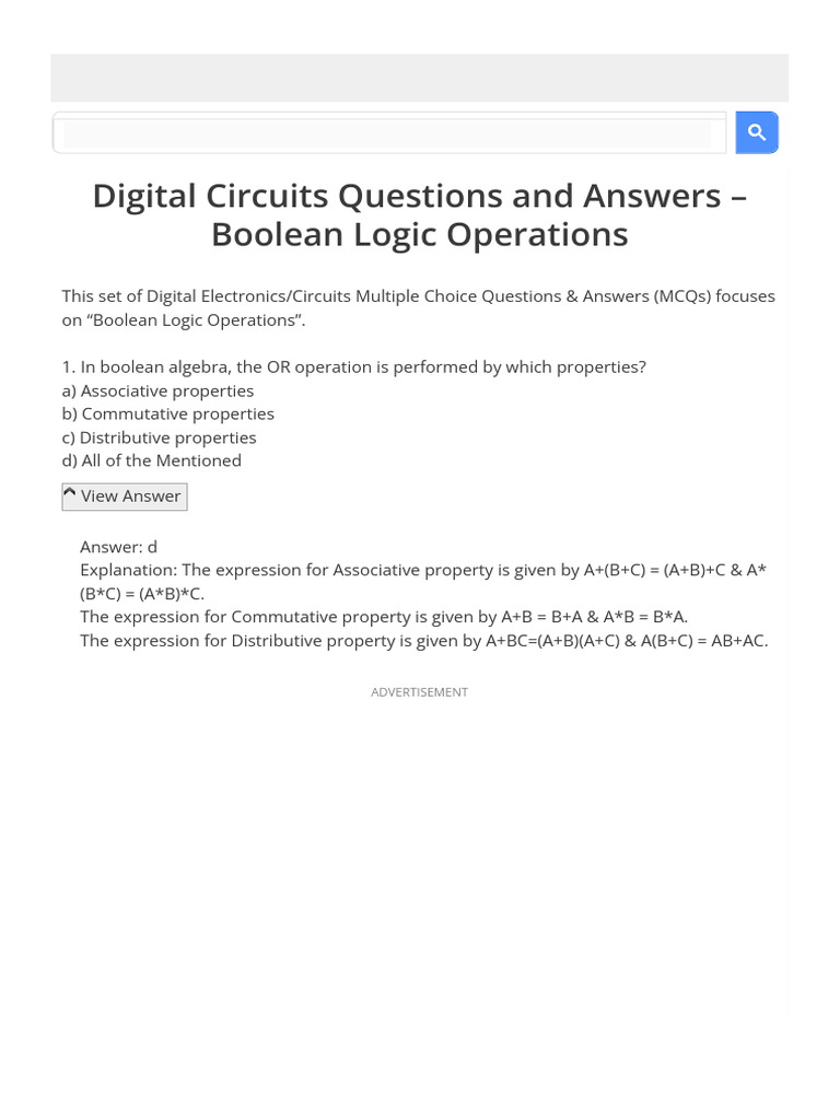Boolean Logic Operations - Digital Circuits Questions and Answers ...
