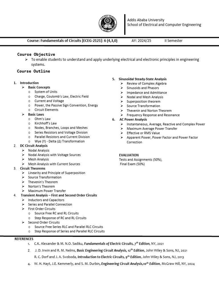 ECEG-2121 Course Outline | PDF | Electrical Network | Ac Power