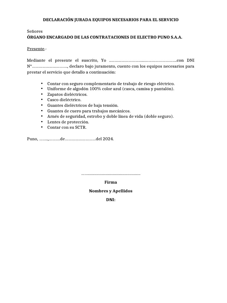 Declaracion Jurada Equipos Necesarios para El Servicio | PDF