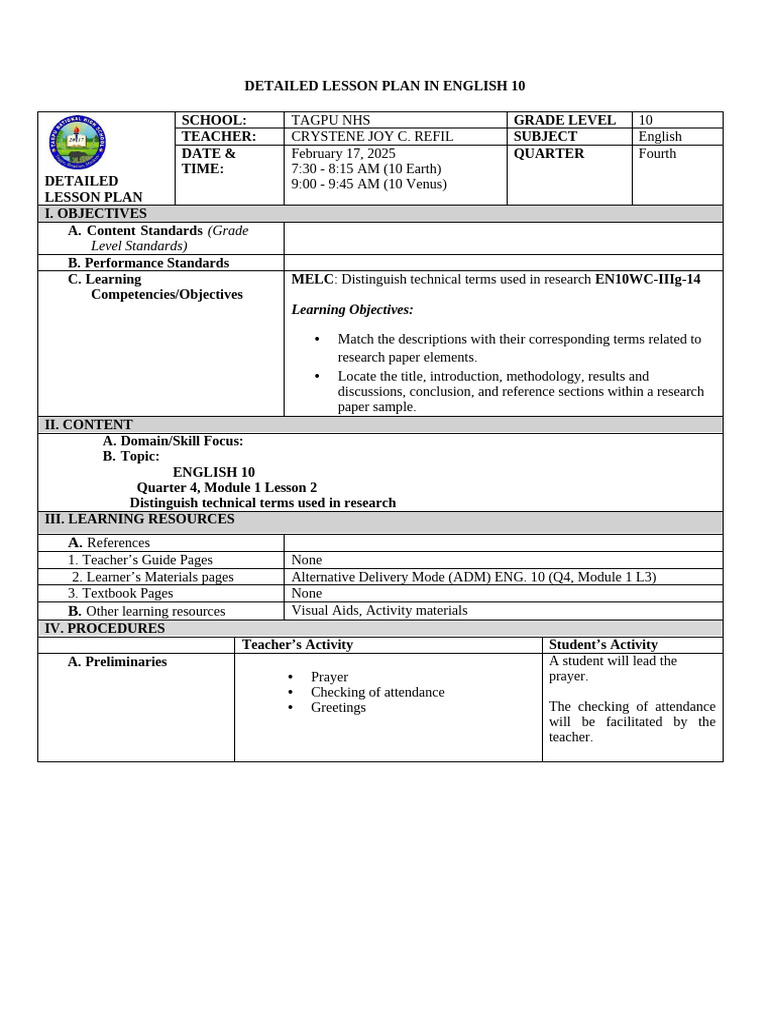 English 10 Lesson Plan: Research Paper Elements | PDF | Truth ...