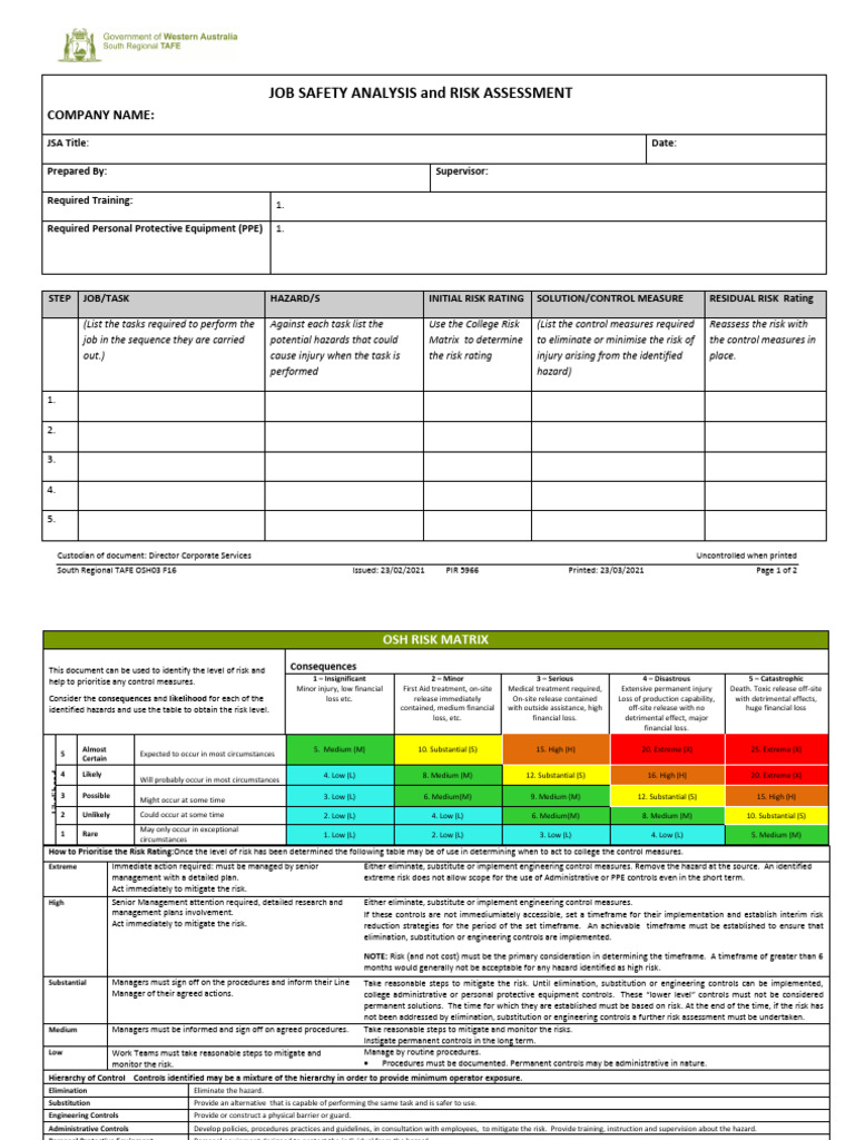 Job Safety Analysis & Risk Assessment Guide | PDF | Risk | Business