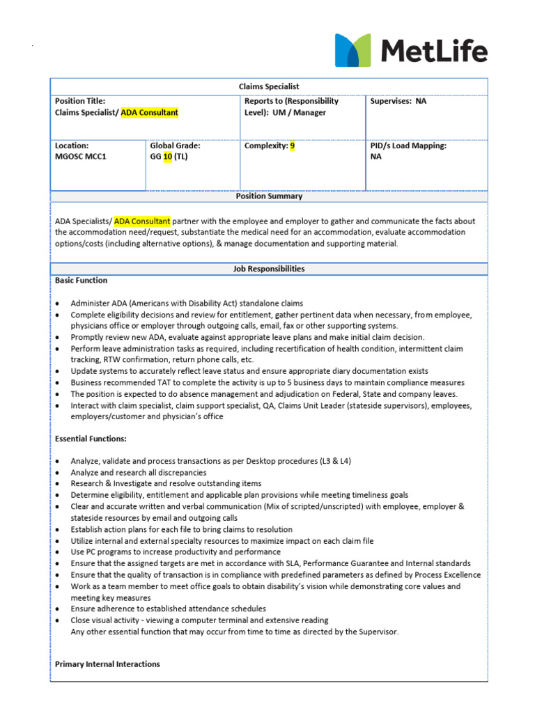 ADA Claims Specialist Job Description | PDF | Americans With ...