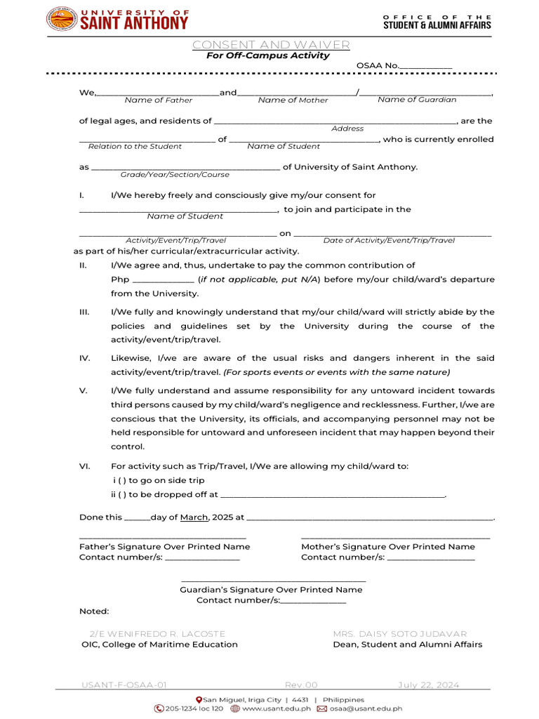 Consent and Waiver for Student Activities | PDF | Common Law | Private Law