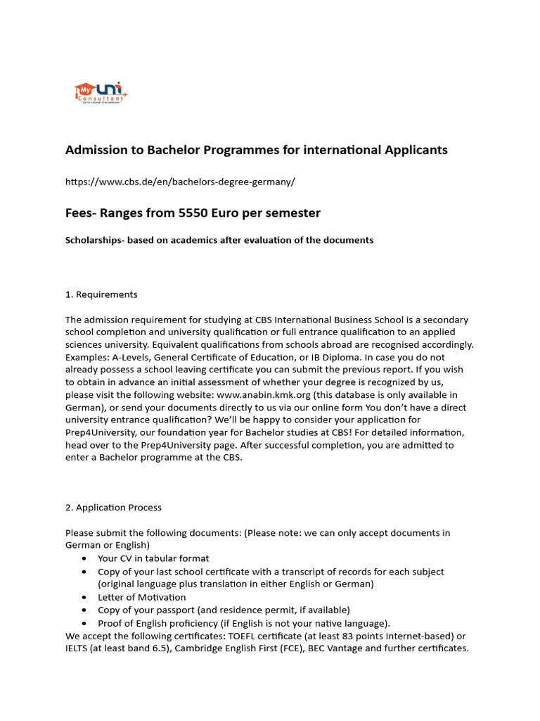 CBS Admission Requirements for International Students | PDF ...