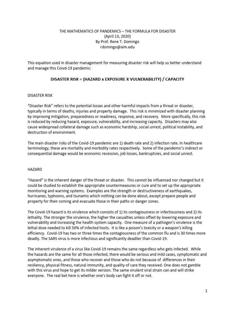 Pandemic Disaster Risk Formula Explained | PDF | Natural Disasters ...