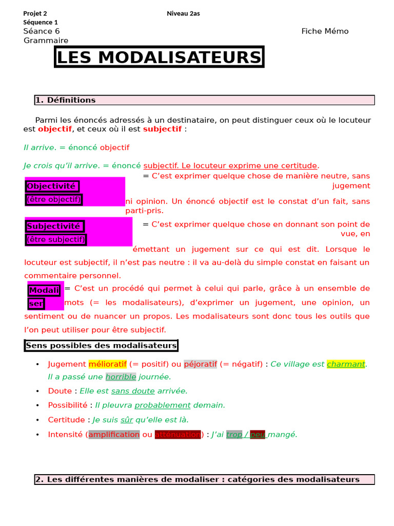 Les Modalisateurs en Grammaire | PDF | Verbe | Syntaxe