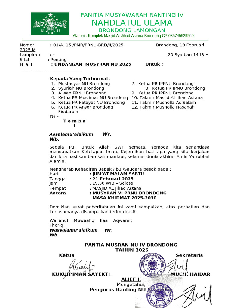 Undangan Musyawarah Ranting NU 2025 | PDF