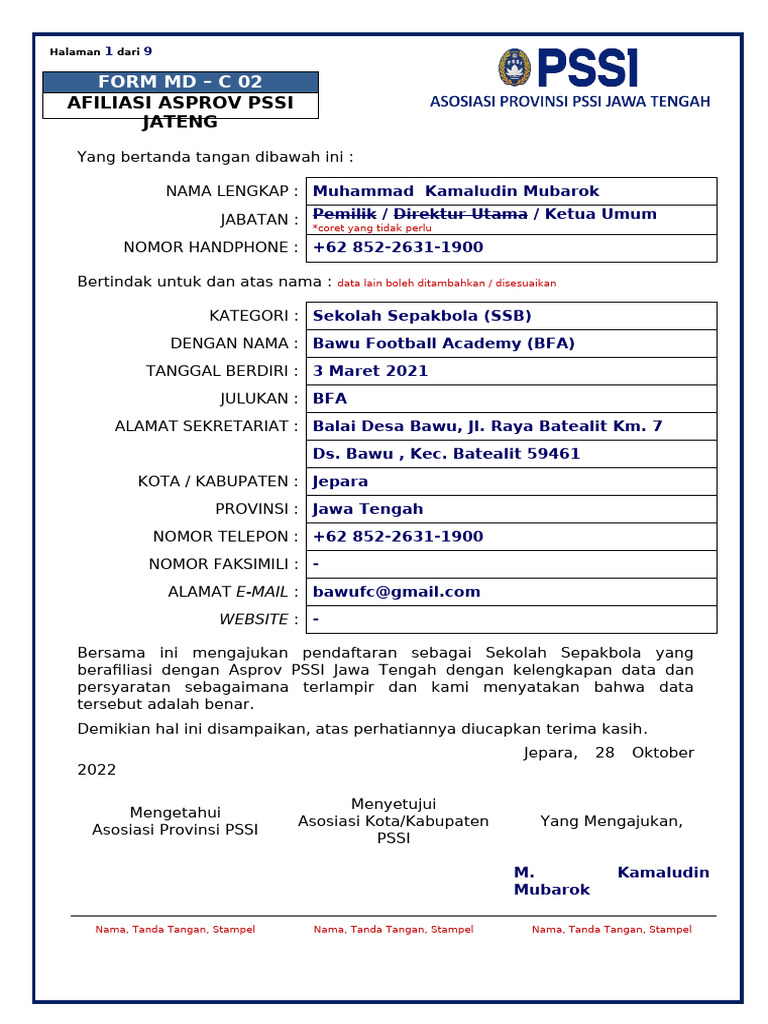 Pendaftaran Bawu Football Academy PSSI | PDF