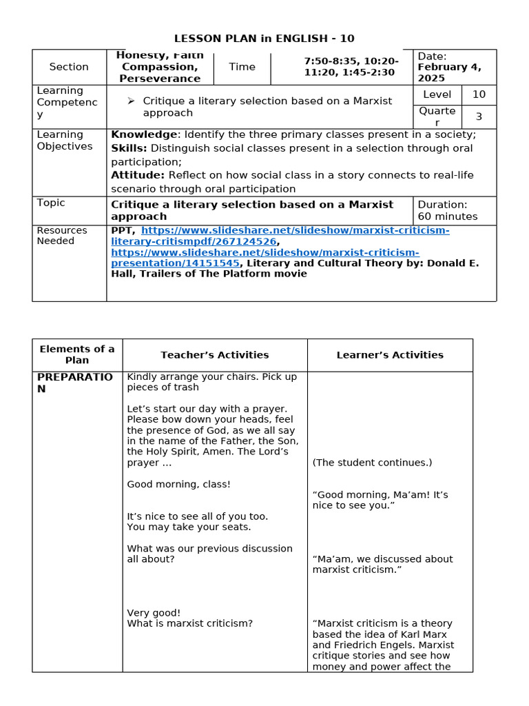 Marxist Literary Critique Lesson Plan | PDF | Marxism | Karl Marx