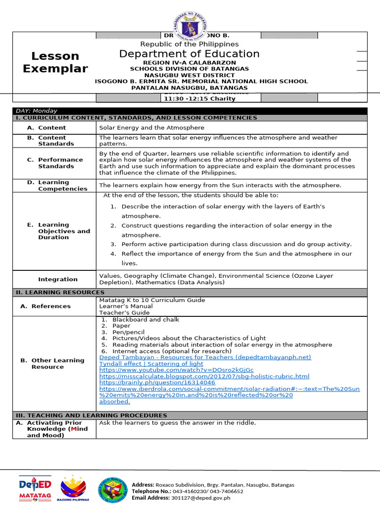Solar Energy Lesson Plan for Grade 7 | PDF | Atmosphere Of Earth ...