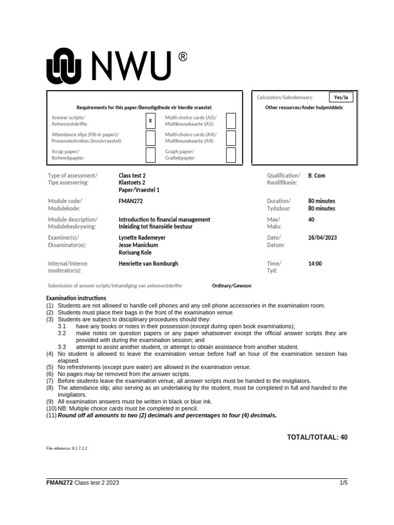 FMAN272+Class+test+2+2023 FINAL | PDF | Banks | Interest