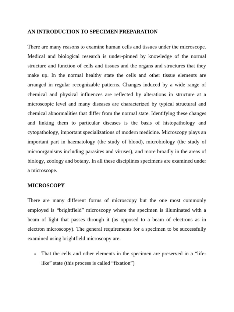 Specimen Preparation for Microscopy | PDF | Staining | Histopathology