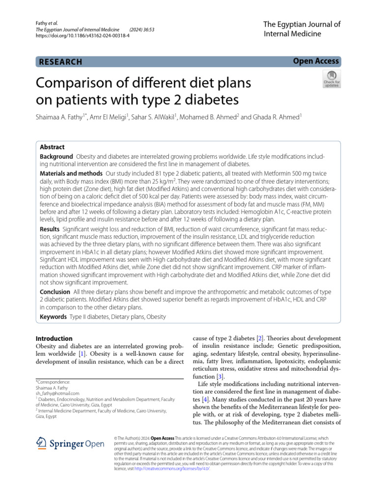 Comparison of Different Diet Plans On Patients With Type 2 Diabetes ...