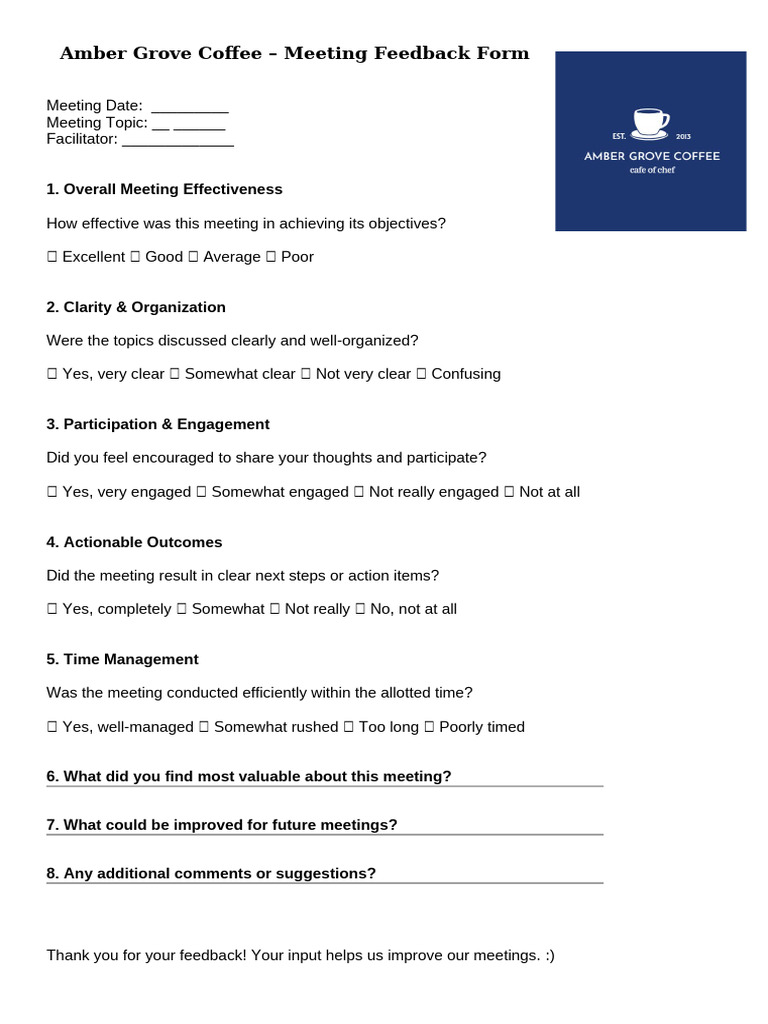 Amber Grove Coffee Meeting Feedback Form | PDF