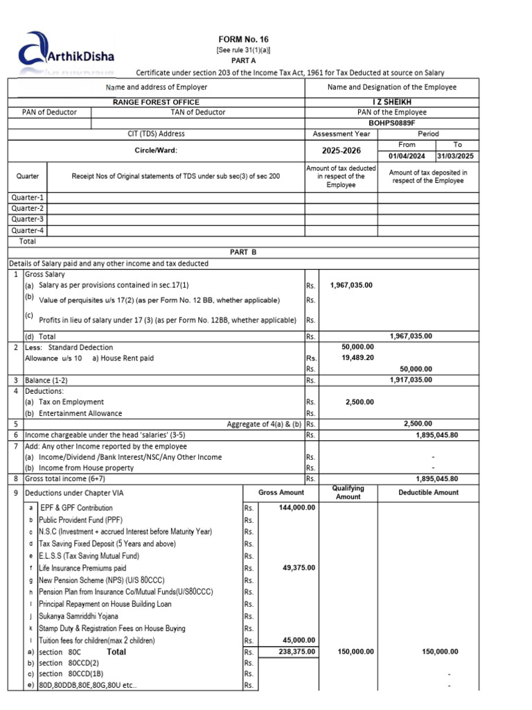 Form 16 for Salaried Employees | PDF | Taxes | Government Finances