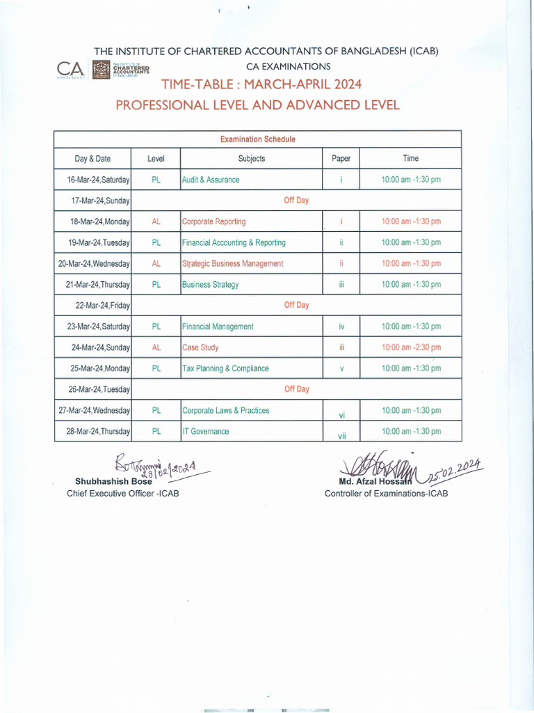 ICAB Exam Timetable March-April 2024 | PDF