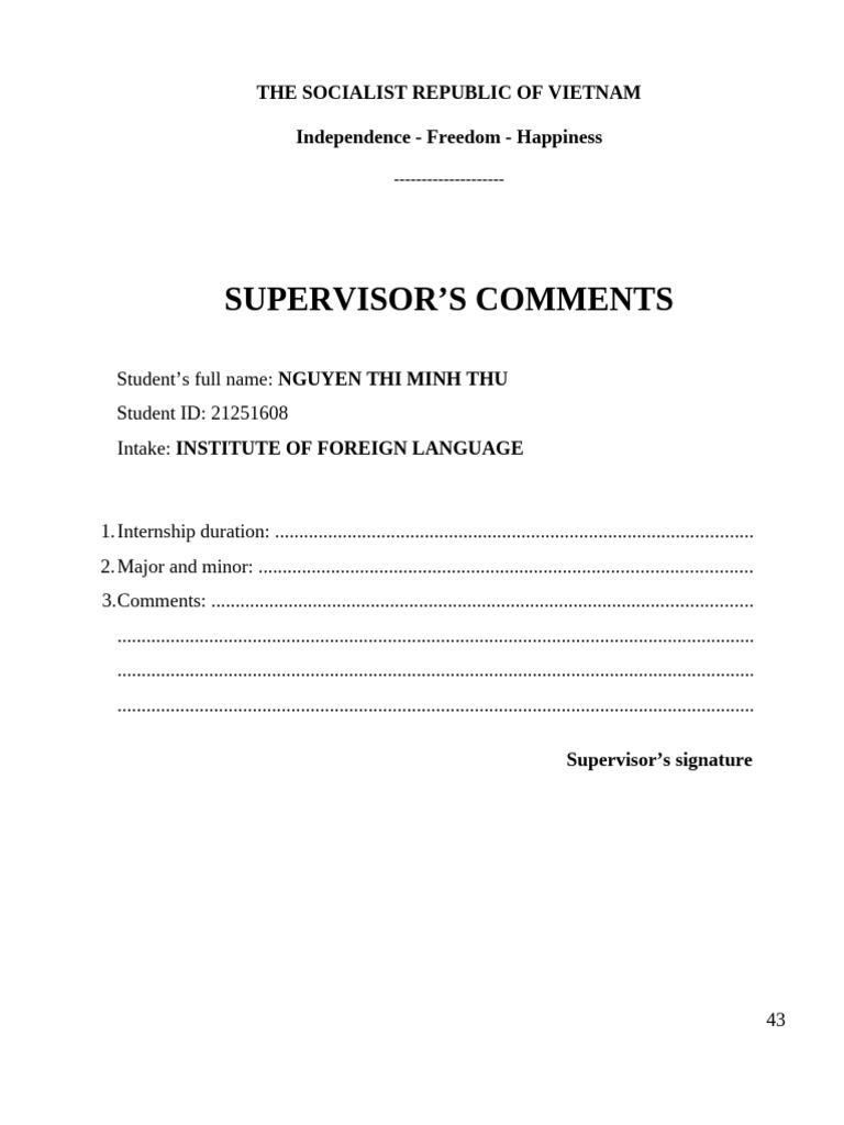 Supervisor Comments on Internship Student | PDF